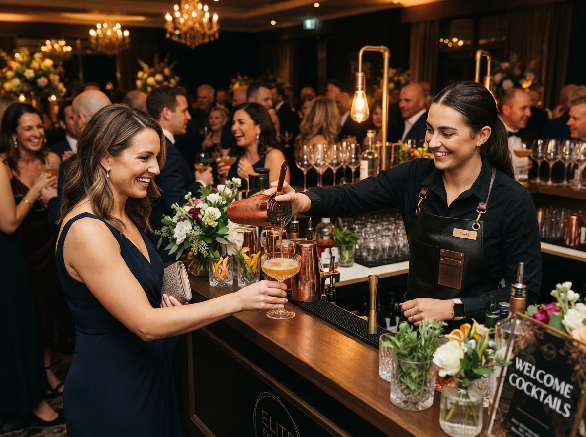 Bartender pouring a welcome cocktail for guests at an evening event
