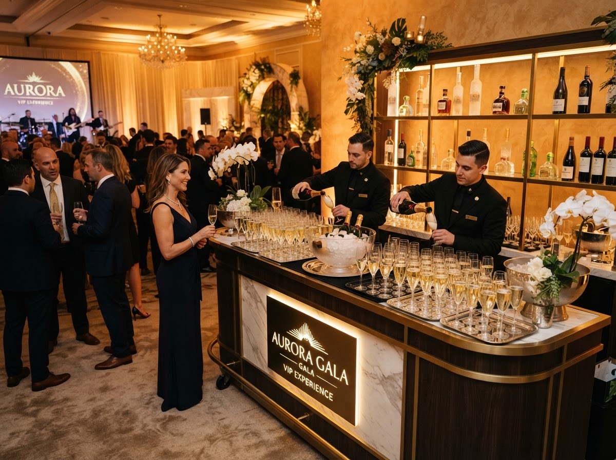 Luxury VIP event bar with premium presentation and champagne