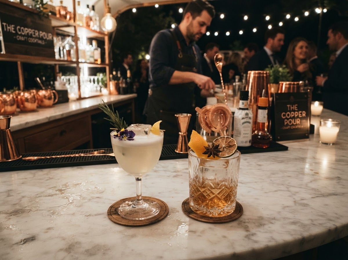 Two garnished craft cocktails on a marble bar top with copper tools
