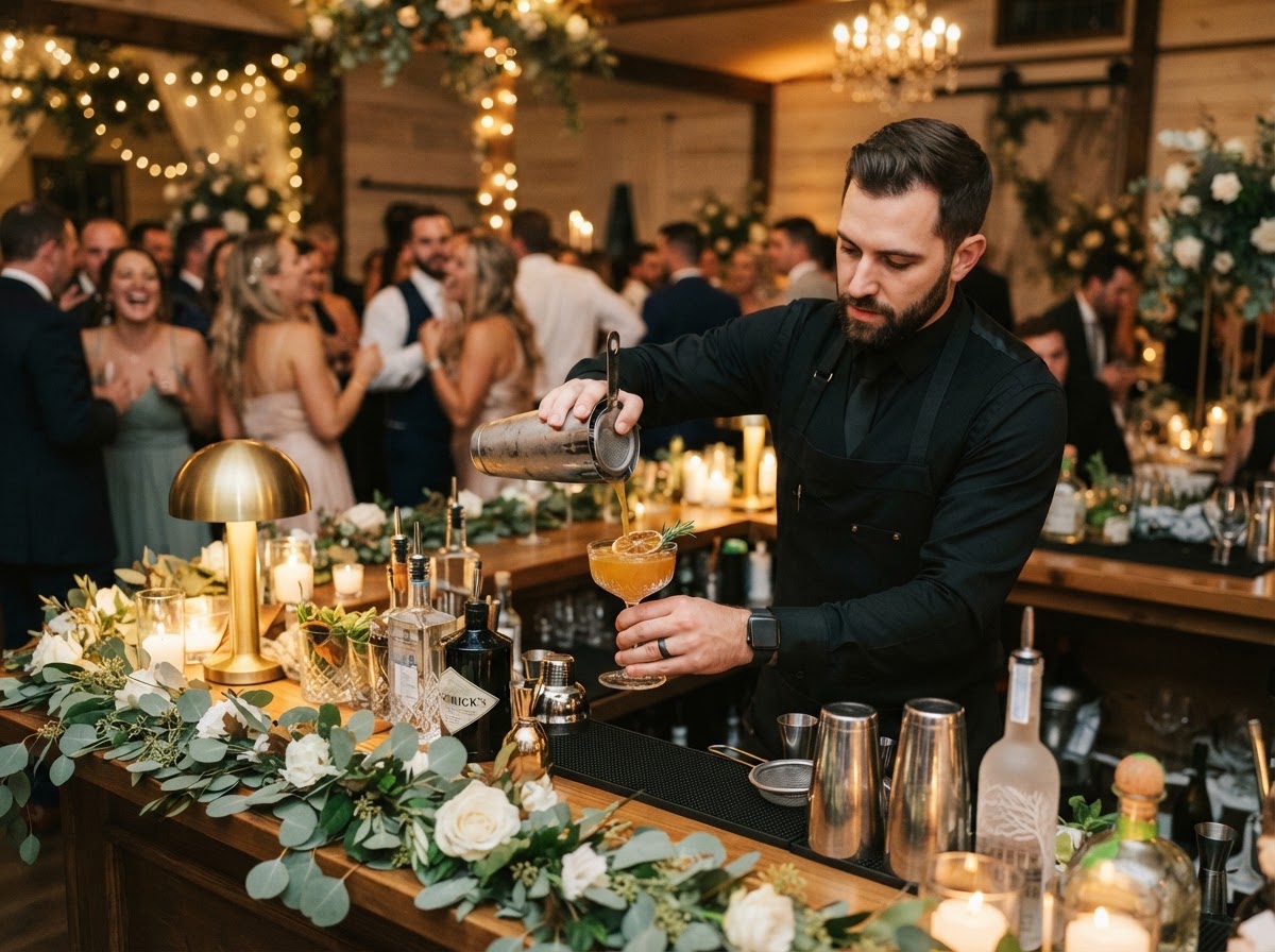 Professional bartender crafting an elegant cocktail at a polished portable bar