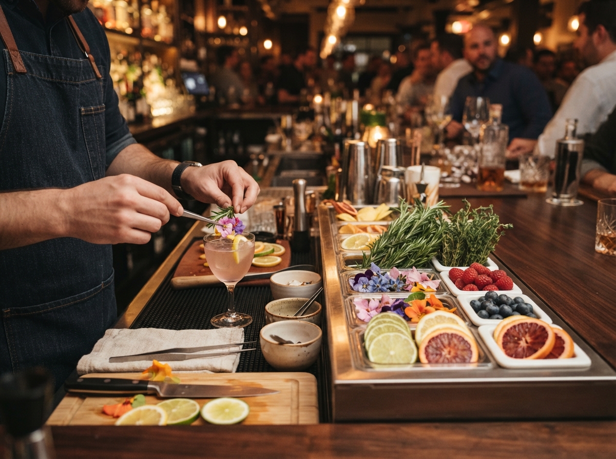 Fresh cocktail garnishes prepped on a bar station