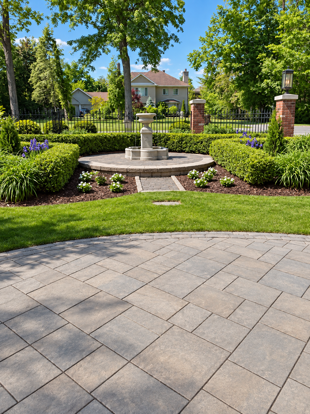 Interlocking stone patio courtyard with fountain and manicured garden hedge