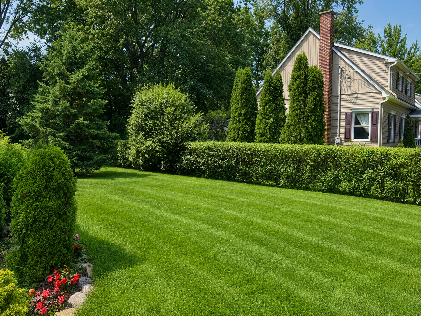Manicured backyard lawn with trimmed hedges and mature trees behind a West Island home