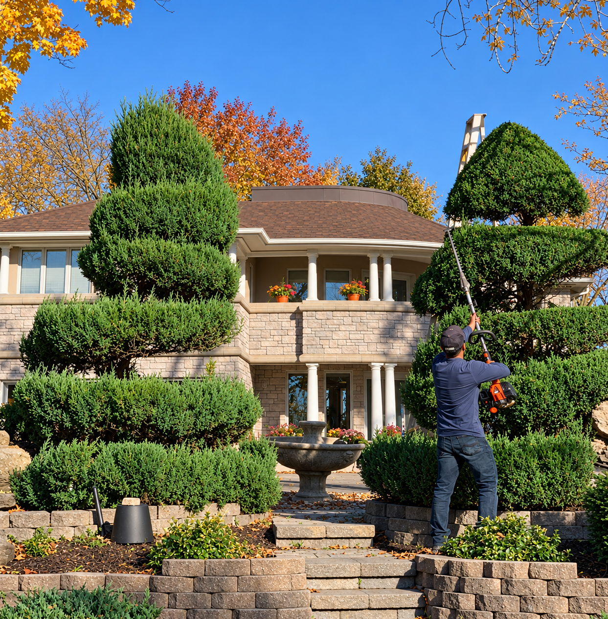 Precision ornamental tree and hedge trimming with power trimmer on luxury property