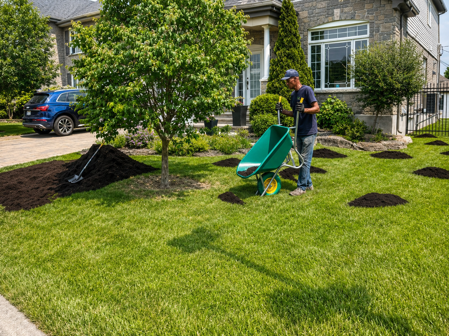 Landscaper spreading mulch and tending garden beds on a residential front lawn