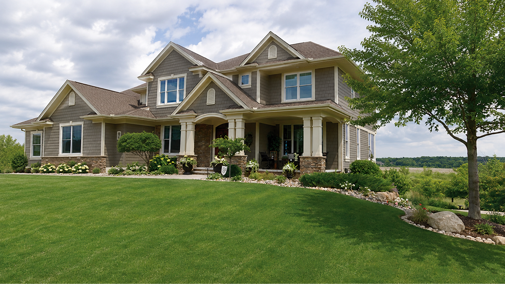Beautifully landscaped luxury home with manicured lawn and garden beds