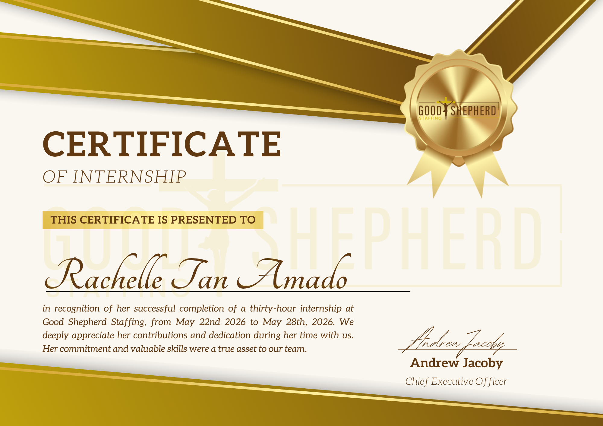 Good Shepherd Staffing Agency Internship Certificate - Good Shepherd Staffing Agency