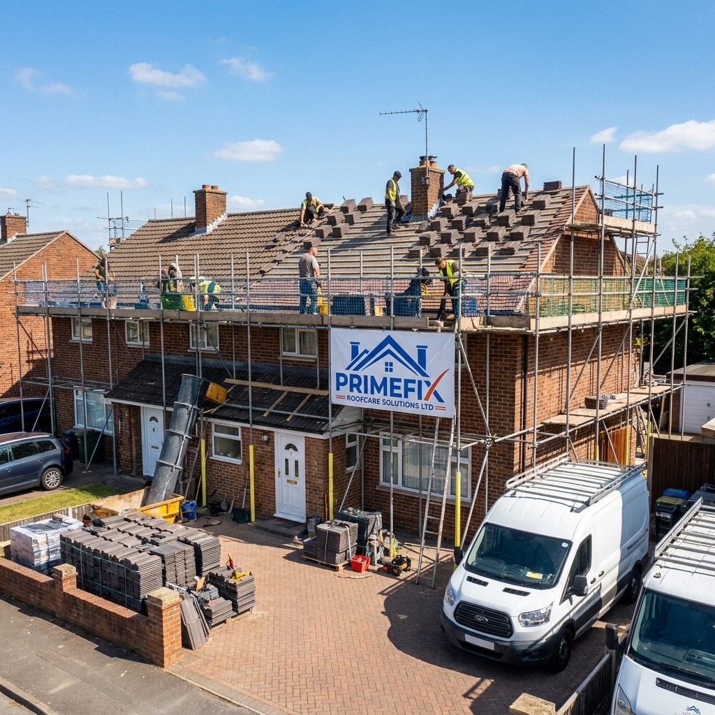 Primefix Roofcare team carrying out full roof replacement across semi-detached property with scaffolding and company banner