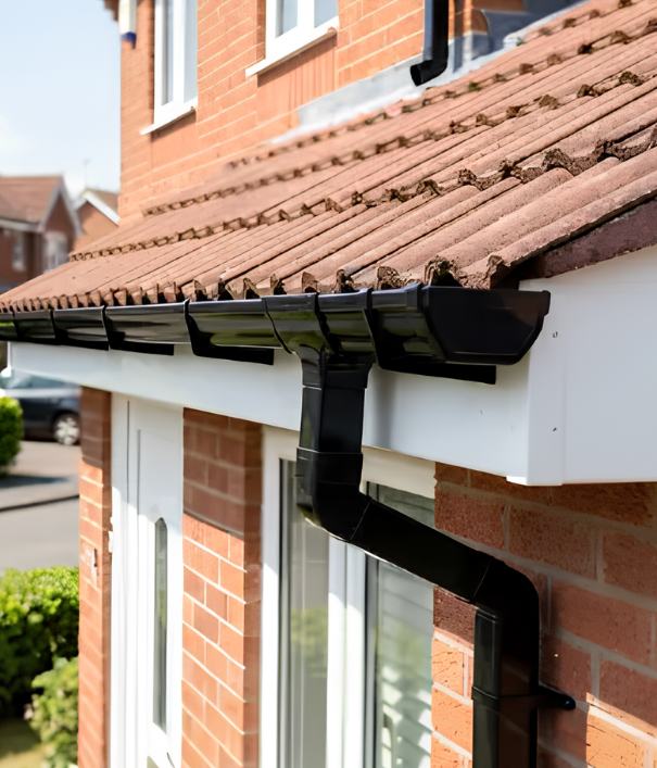 Black uPVC guttering and downpipe replacement on residential roofline