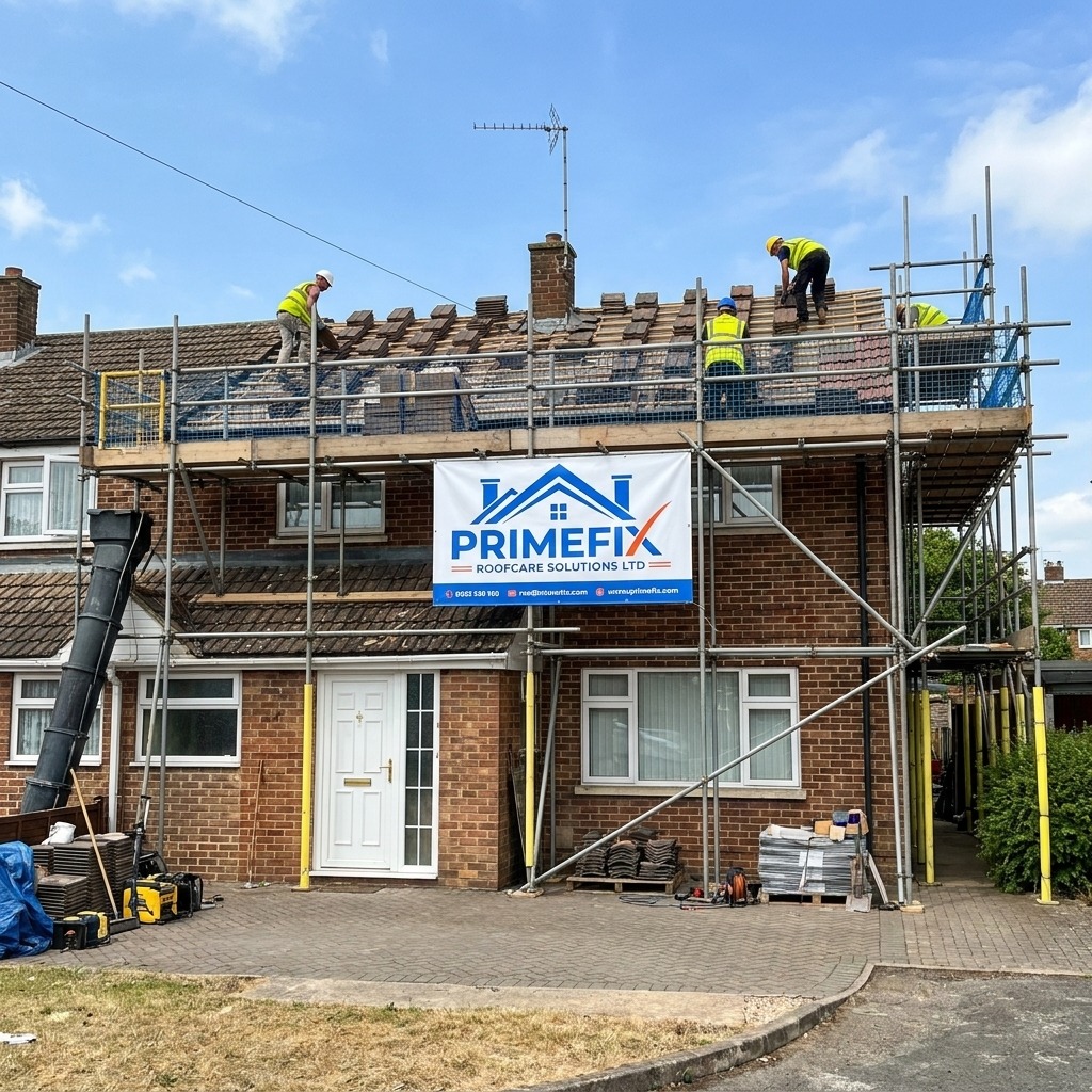 Primefix roofers in hi-vis installing new tiles on residential property with scaffolding and banner