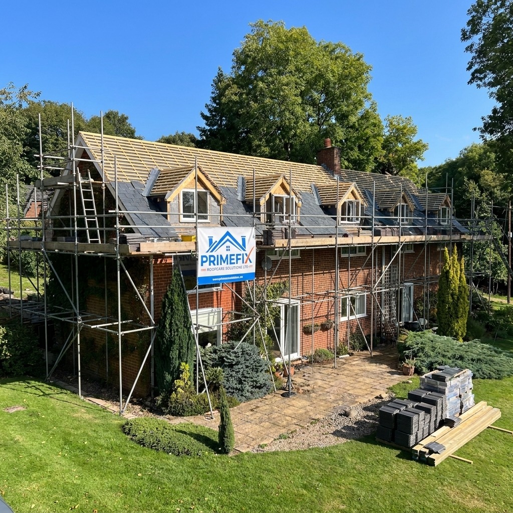 Full scaffolding and Primefix banner on country residence during multi-dormer slate roof installation