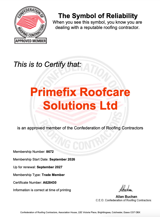Confederation of Roofing Contractors Approved Member Certificate for Primefix Roofcare Solutions Ltd - Membership Number 8672
