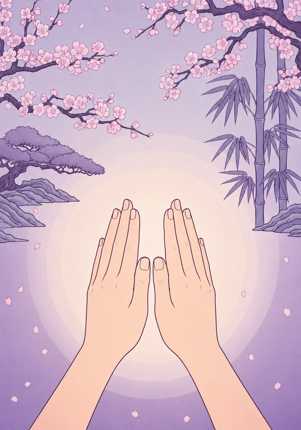 Jin Shin Jyutsu Hände mit Kirschblüten und Bambus