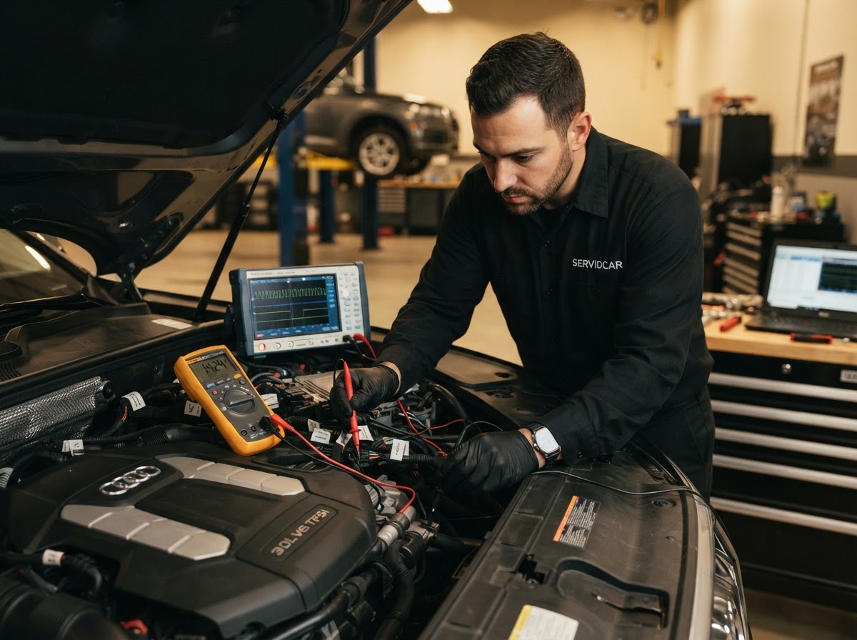 Técnico electricista automotriz de Servidcar diagnosticando el sistema electrónico de un vehículo en Colombia