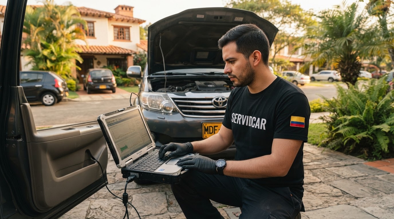 Técnico de Servidcar diagnosticando una Toyota Fortuner a domicilio en Colombia