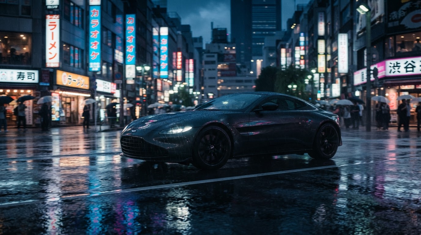 Featured campaign — a sleek luxury car on a rain-soaked neon city street at night