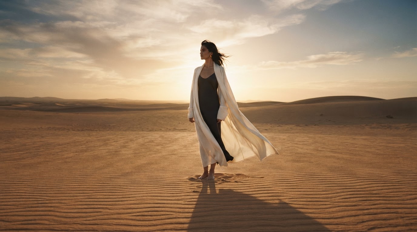 Cinematic advertising campaign — a figure in a flowing ivory coat in a vast desert at golden hour