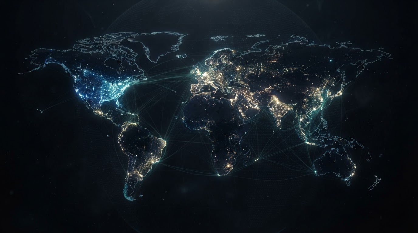 Abstract world map formed by glowing city lights on a dark background