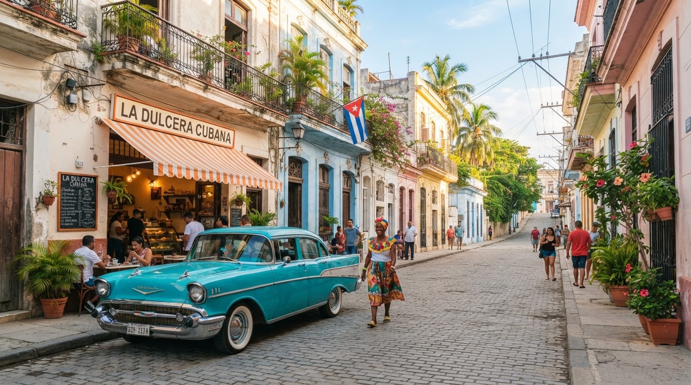 Bright Old Havana street with pastel colonial buildings, palm trees, and a vintage car