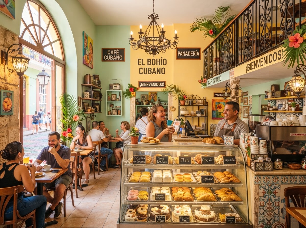 Bright interior of Mimi's Cuban Bakery café with pastel walls and pastry display