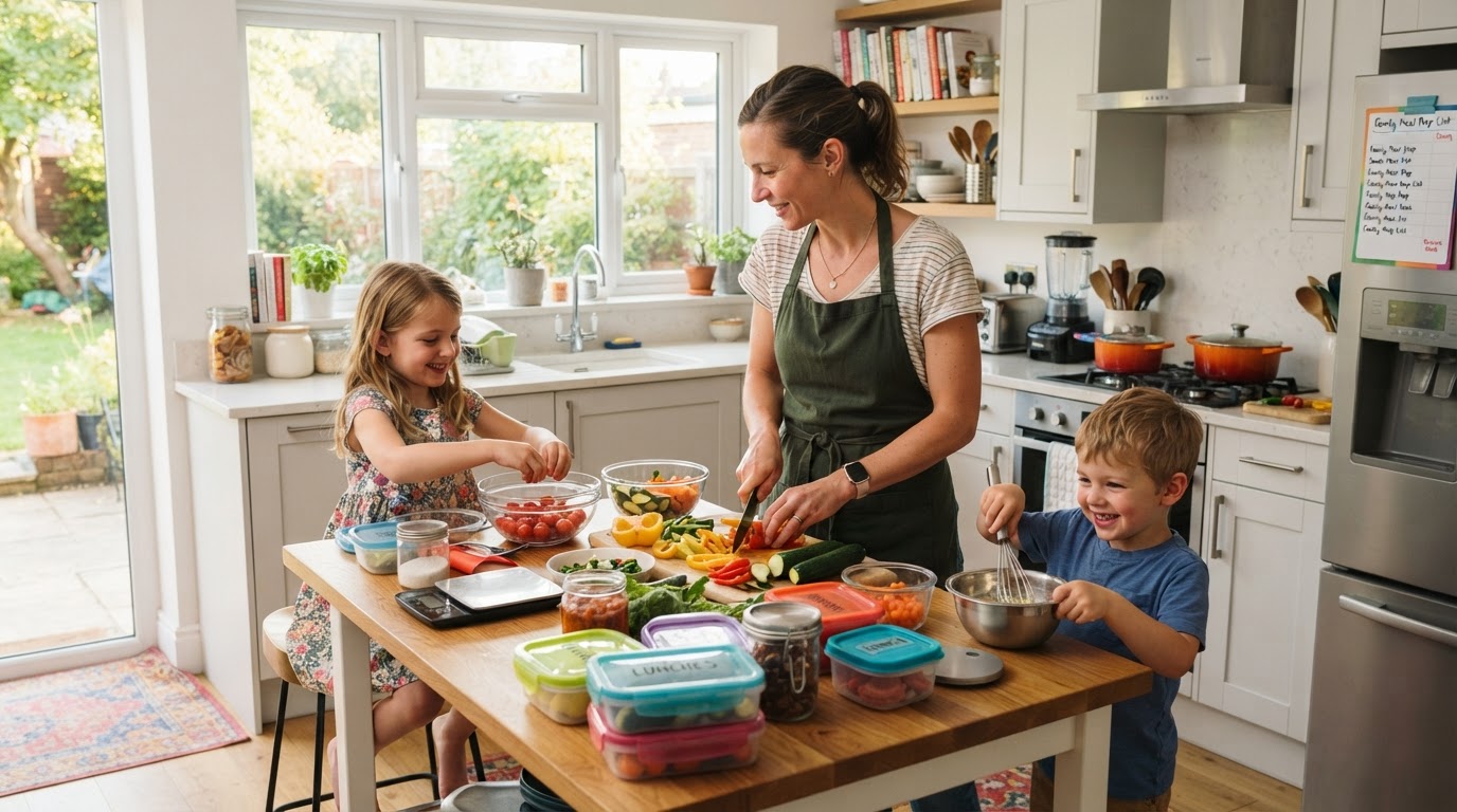 Busy parent juggling kids and healthy meal prep in a bright modern kitchen for family weight loss