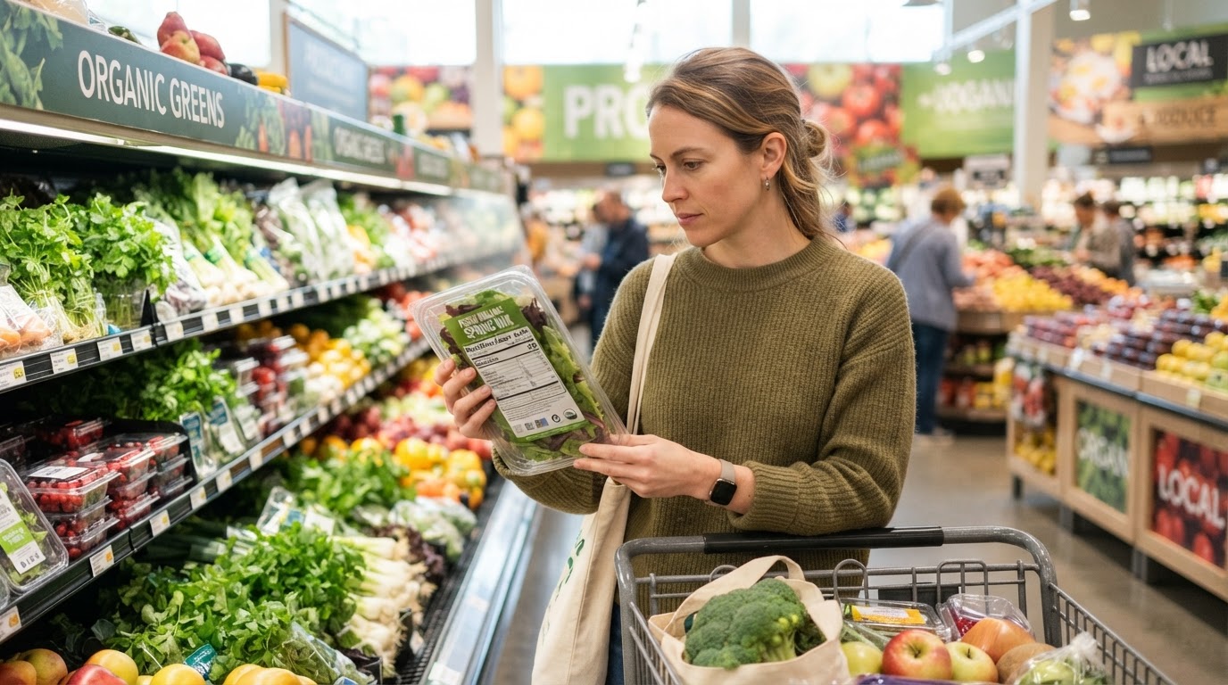 Person grocery shopping for fresh produce and reading a nutrition label on a package
