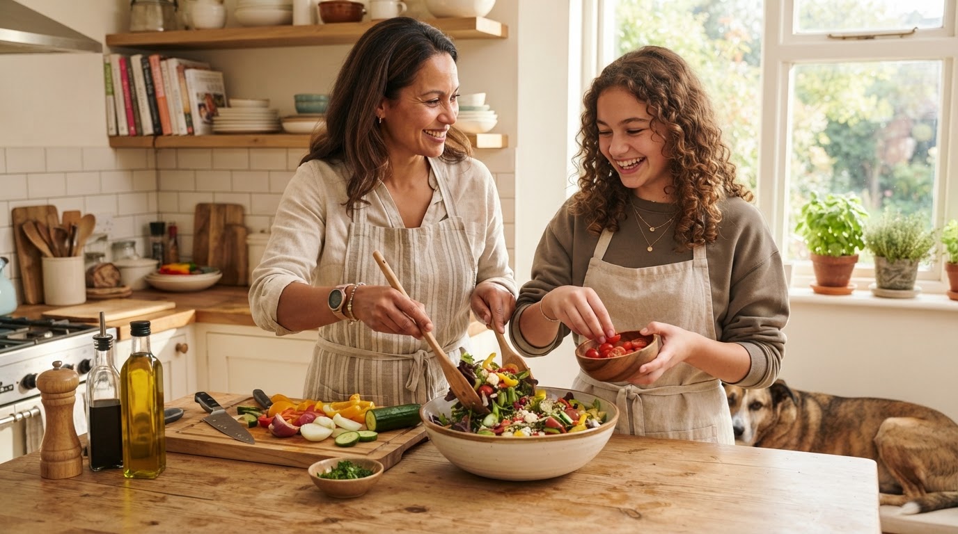Parent and teenager preparing a healthy salad together in a sunny kitchen for family wellness
