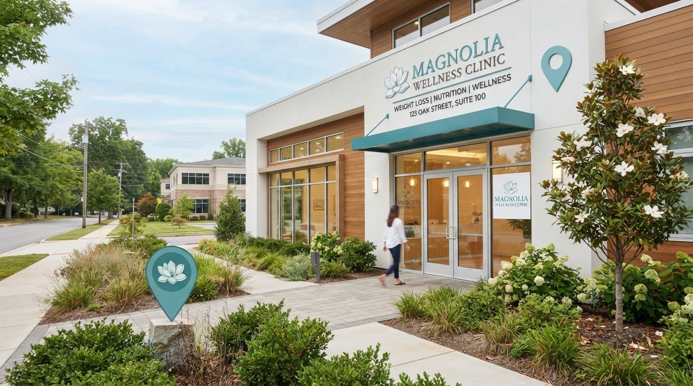 Welcoming modern medical weight loss clinic exterior with a magnolia flower and location pin