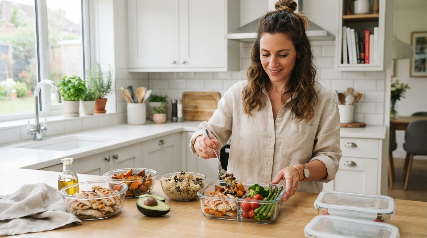Person packing a healthy meal prep box with lean protein and vegetables on a kitchen counter
