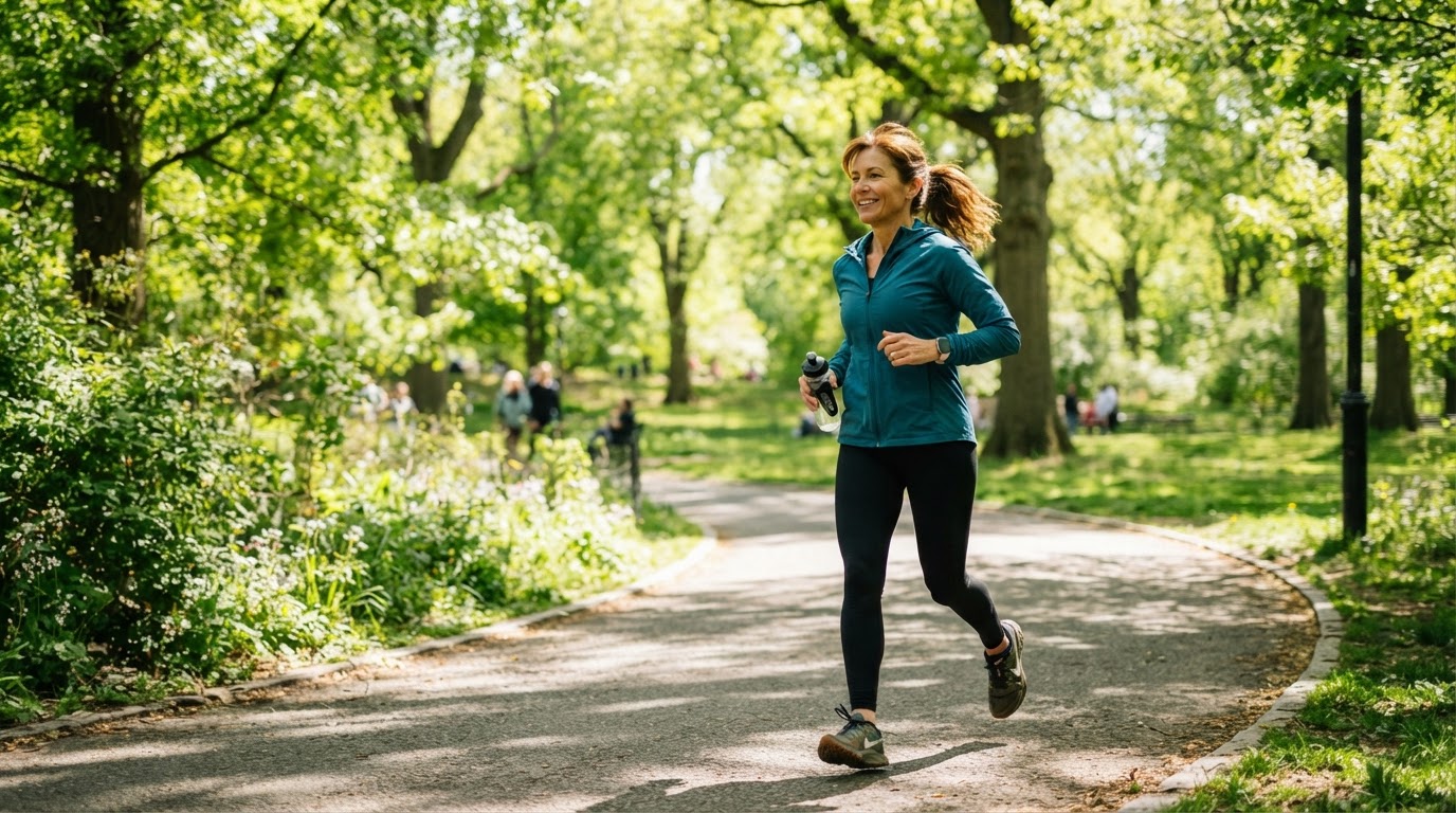 Middle-aged adult walking briskly in a sunny park representing an active lifestyle