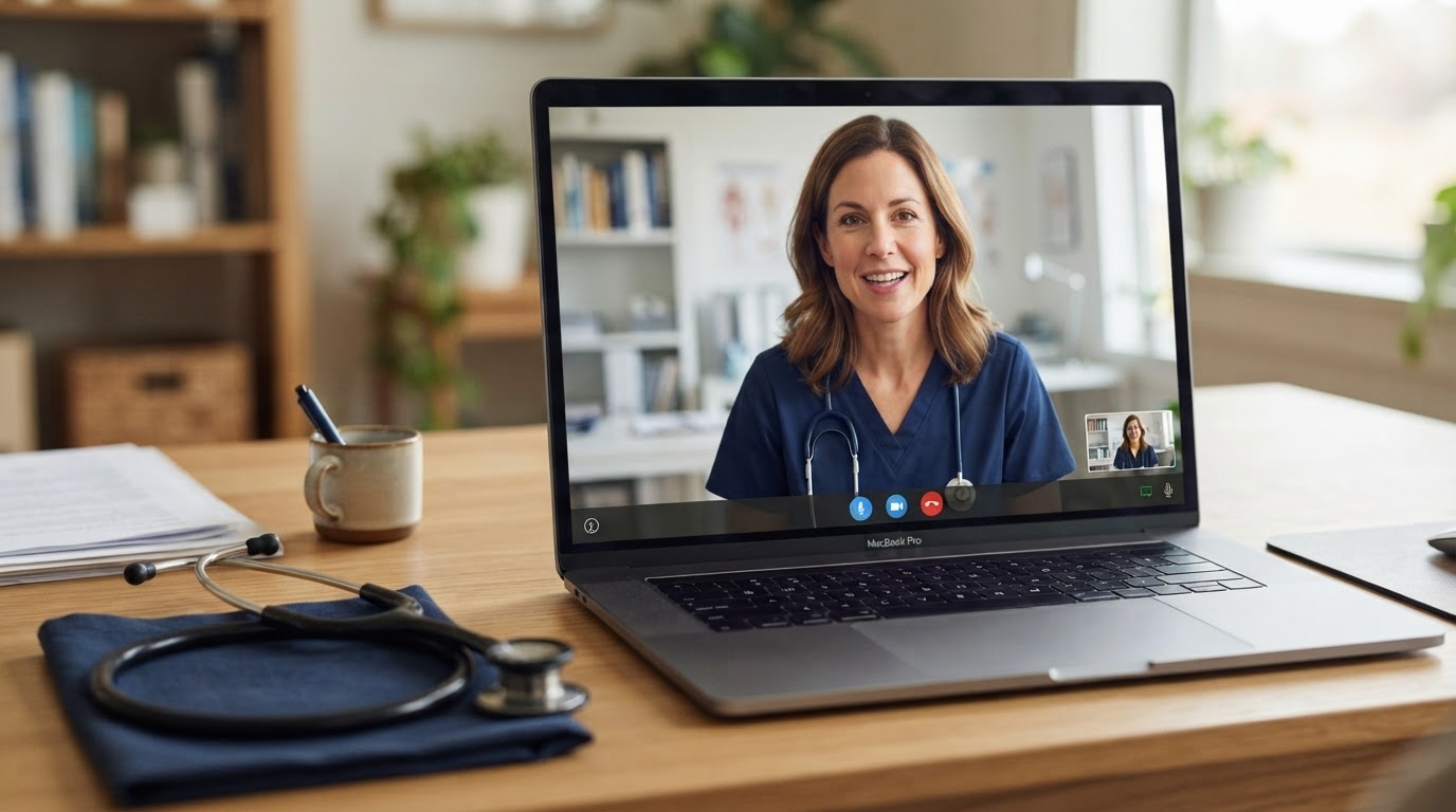 Close-up of a telehealth video consultation on a laptop screen showing a friendly doctor