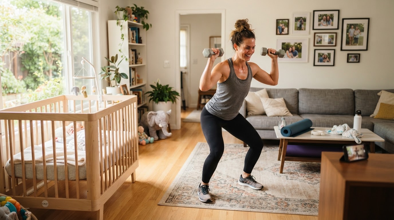 Parent doing a quick living room workout while baby naps nearby for time-efficient home exercise