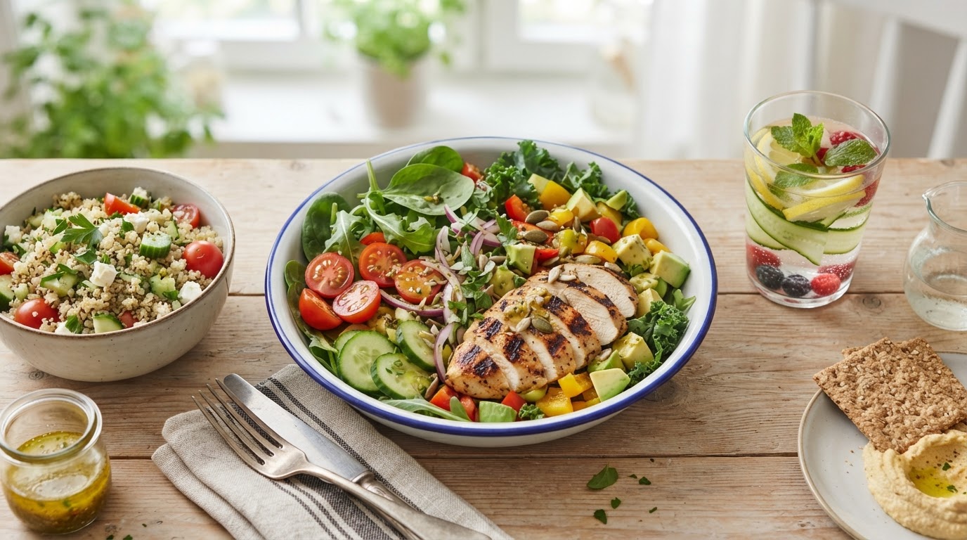 Healthy balanced lunch with grilled chicken salad, avocado, quinoa bowl, and infused water for weight loss