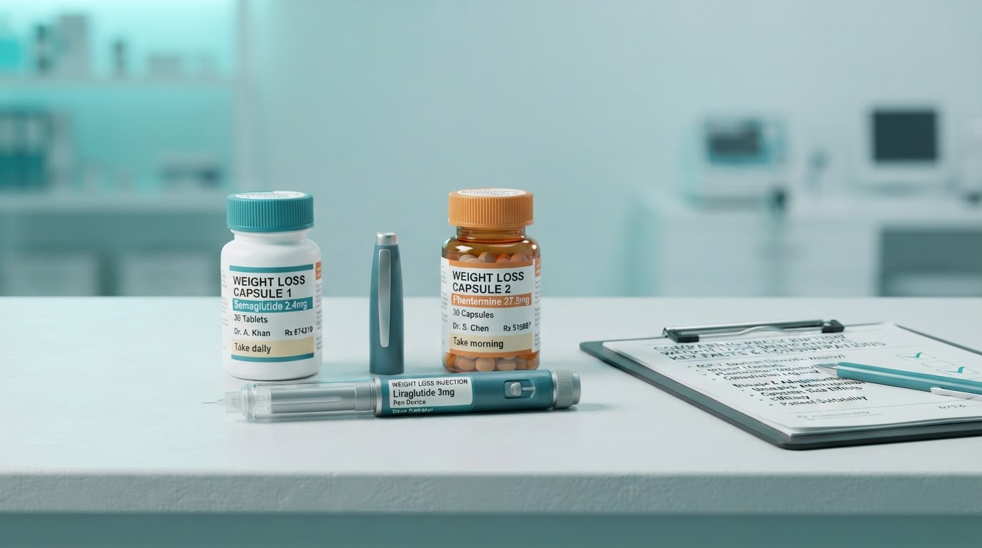 Two medication bottles and an injection pen side by side with a clipboard on a clean clinical background