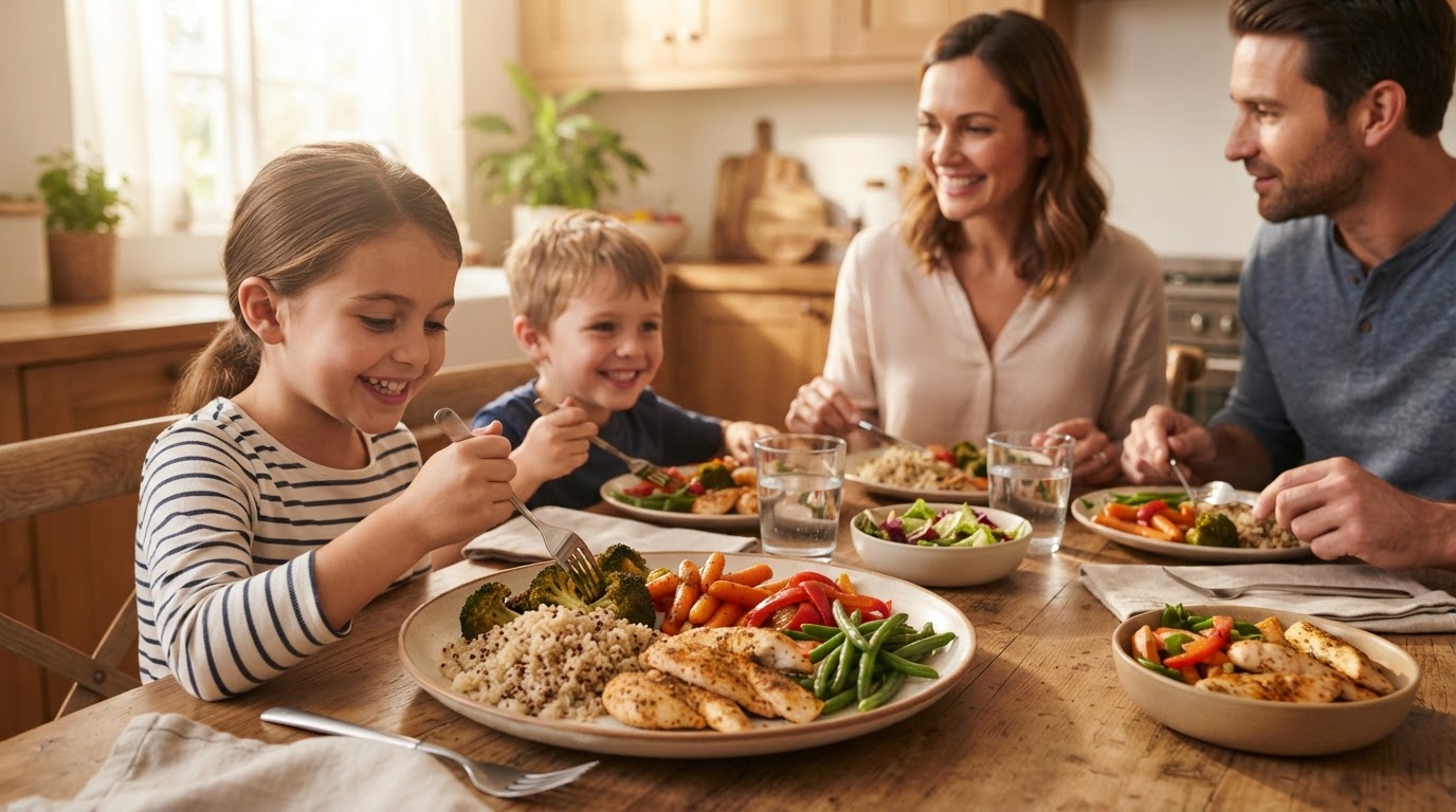 Affordable healthy family dinner with colorful vegetables, lean protein and whole grains for budget weight loss