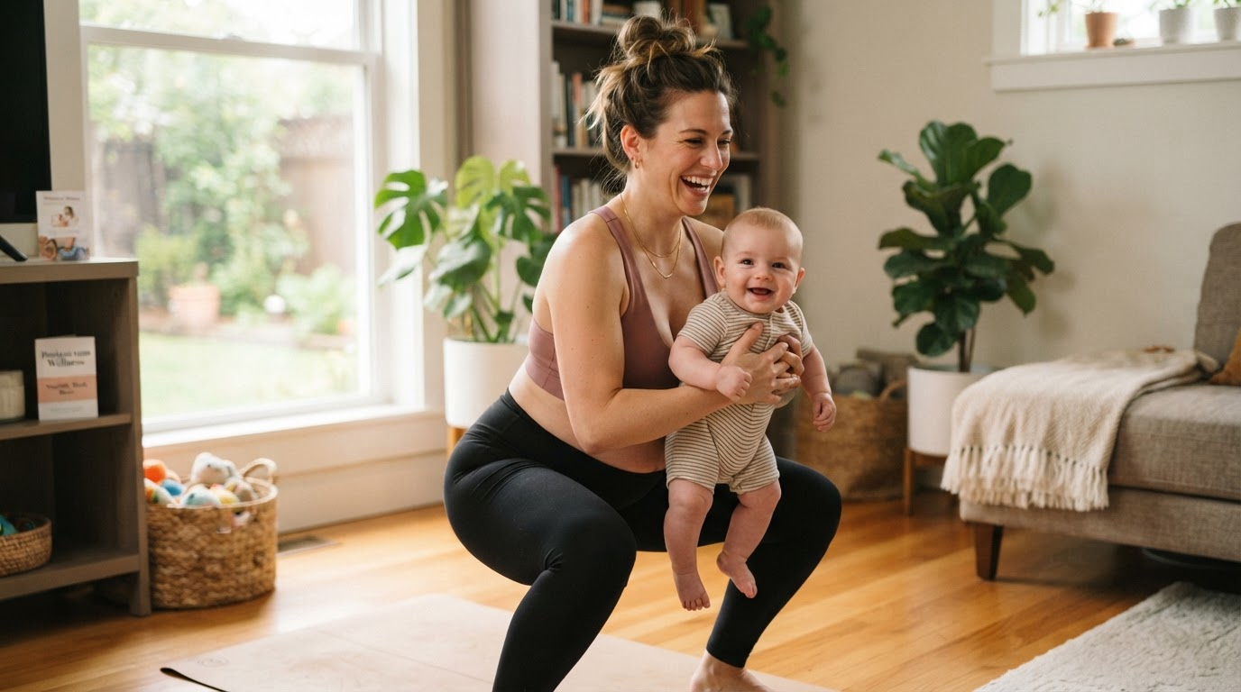 Happy postpartum mother holding baby while doing a gentle home workout for postpartum weight loss