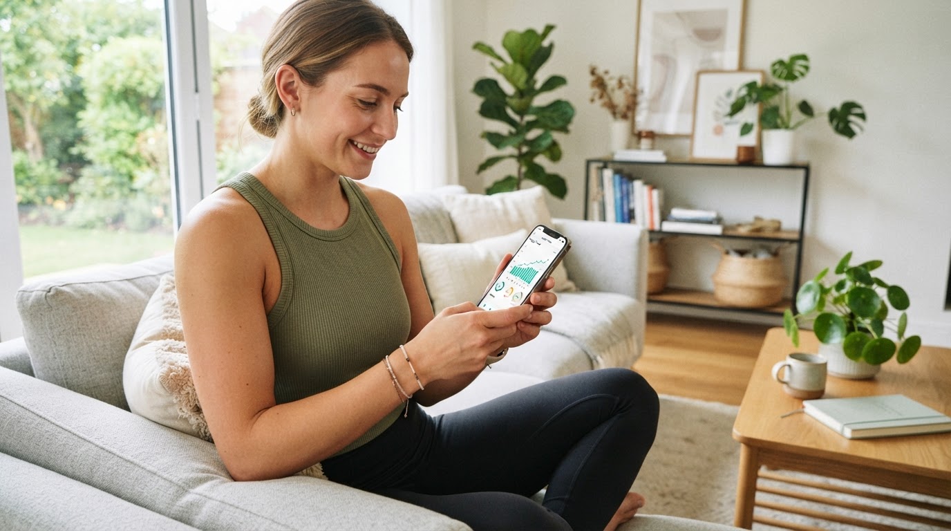Person tracking weight loss progress on a phone app with a chart in a bright living room