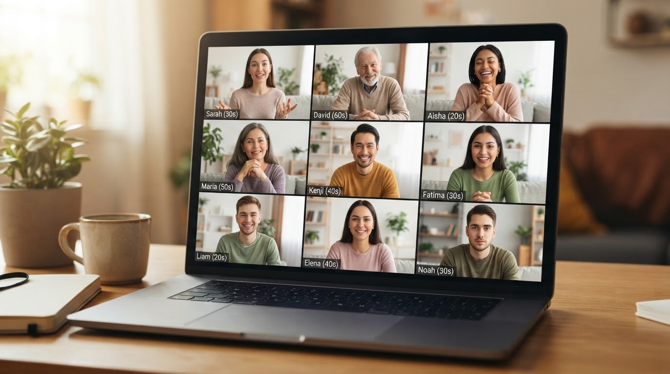 Diverse group of adults in a supportive virtual wellness group on a video call
