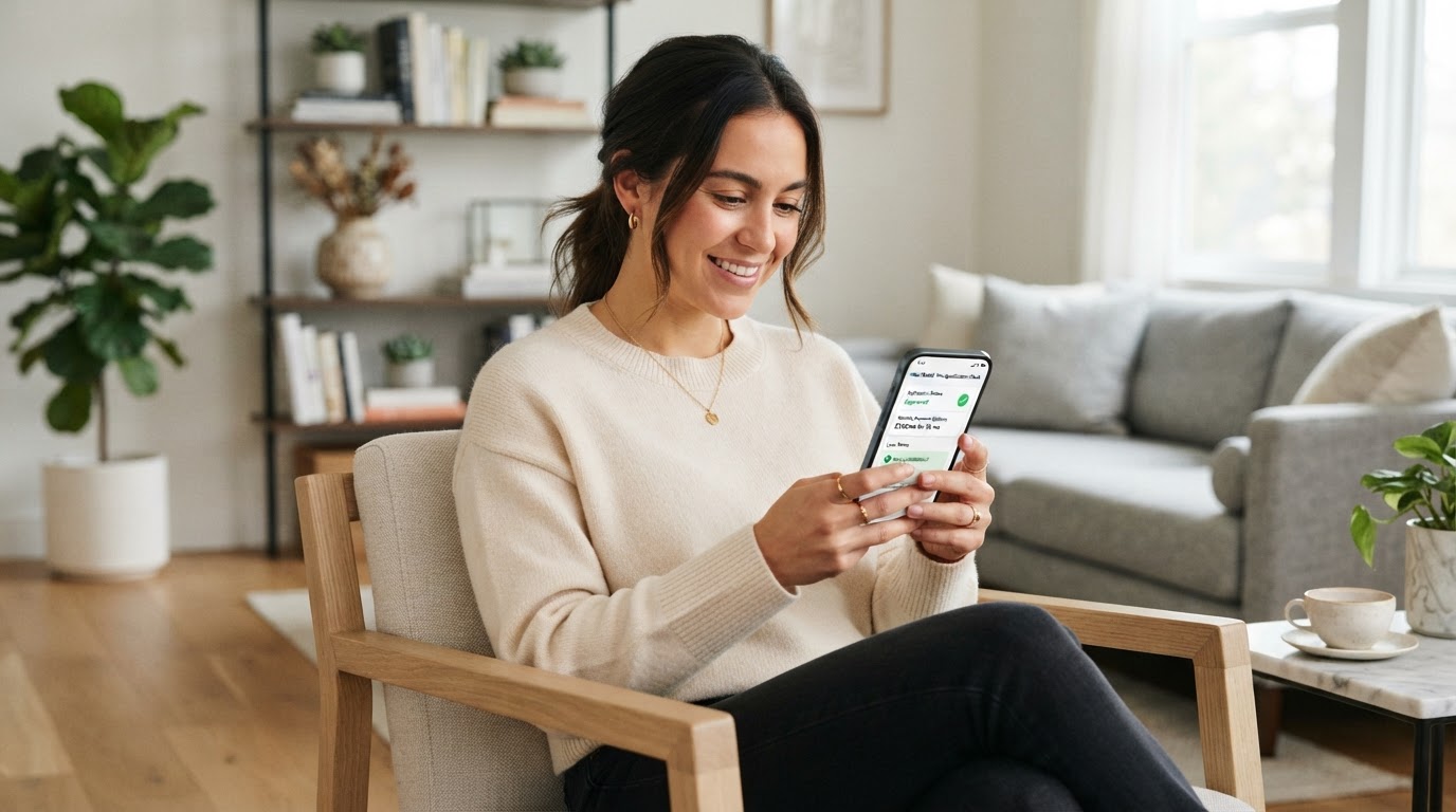 Person checking prequalification on a phone for healthcare financing with a clean modern background