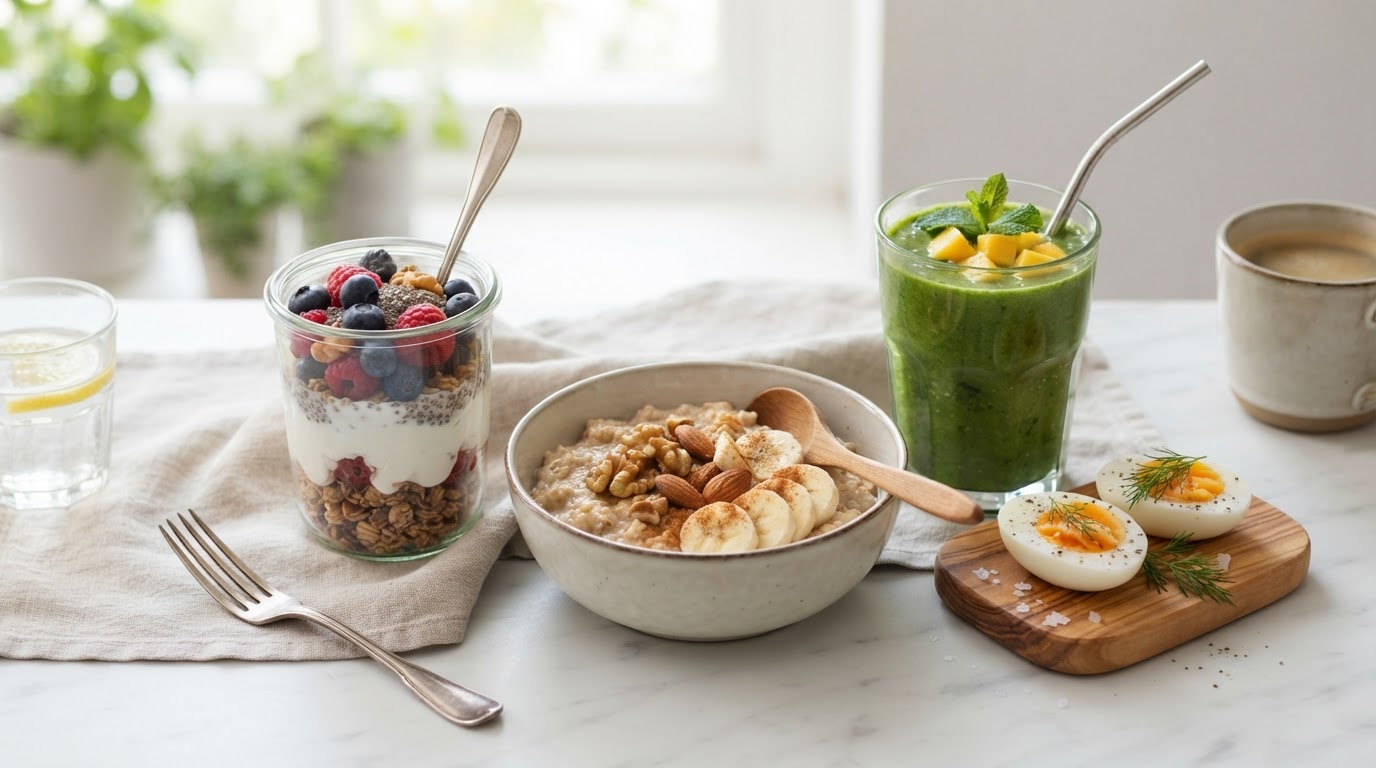 Healthy breakfast spread with Greek yogurt parfait, oatmeal, berries, and a green smoothie for weight loss