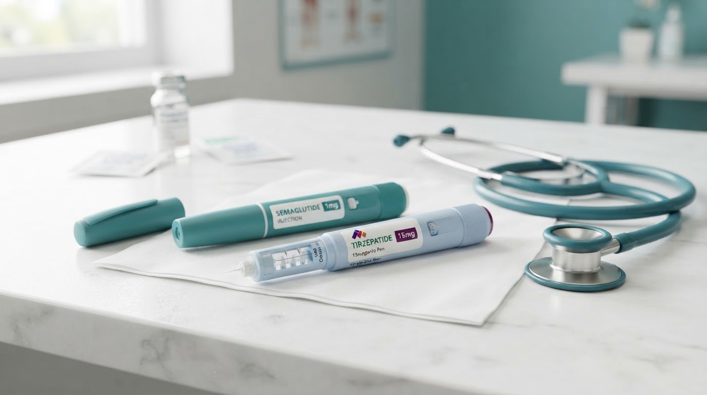 Close-up of a Semaglutide and Tirzepatide medication pen on a clean white counter with a stethoscope