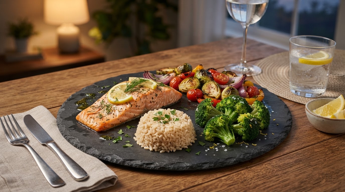 Light healthy dinner with baked salmon, roasted vegetables, and brown rice for weight loss