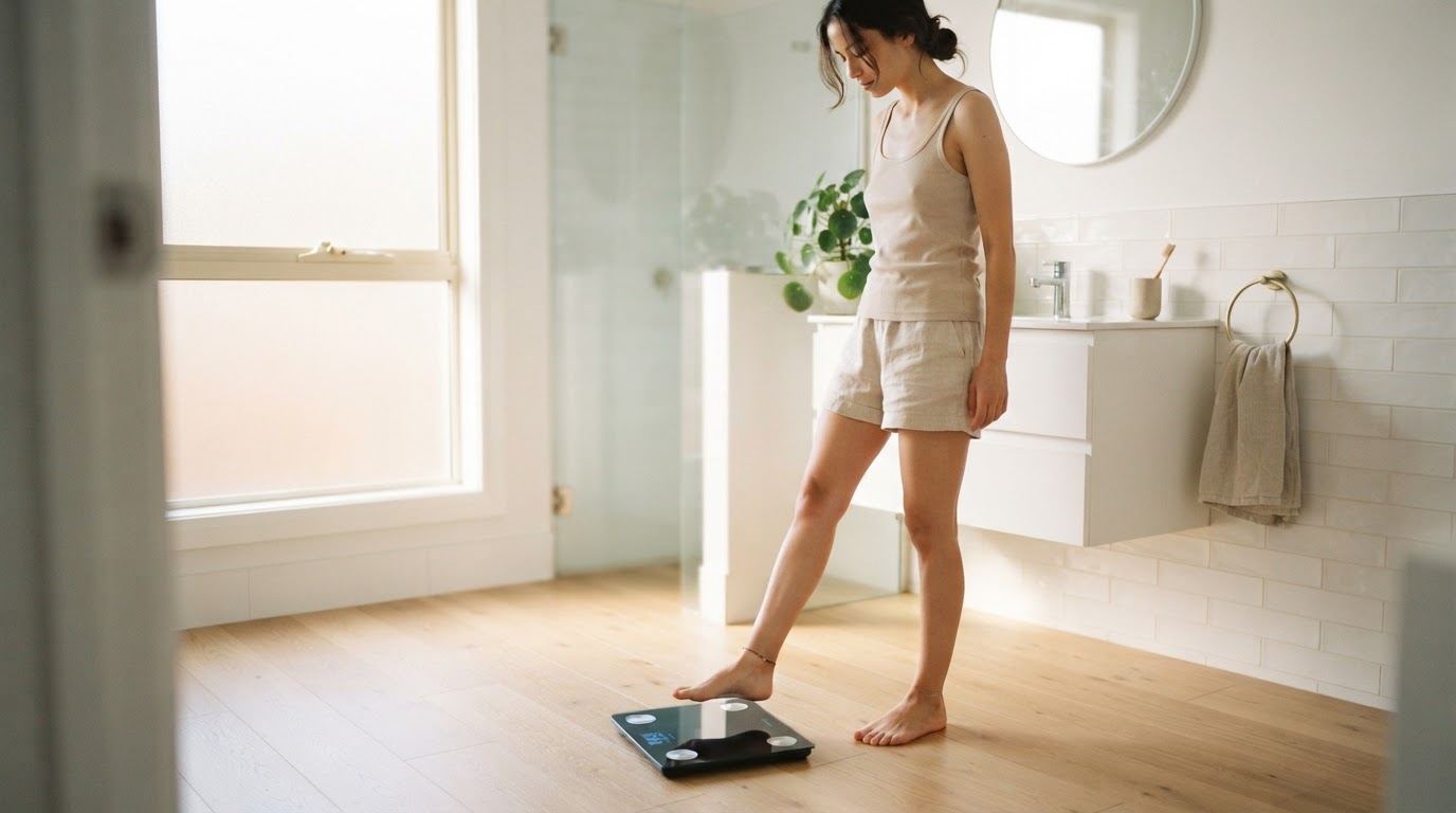 Person stepping onto a digital bathroom scale in a bright bathroom with soft morning light