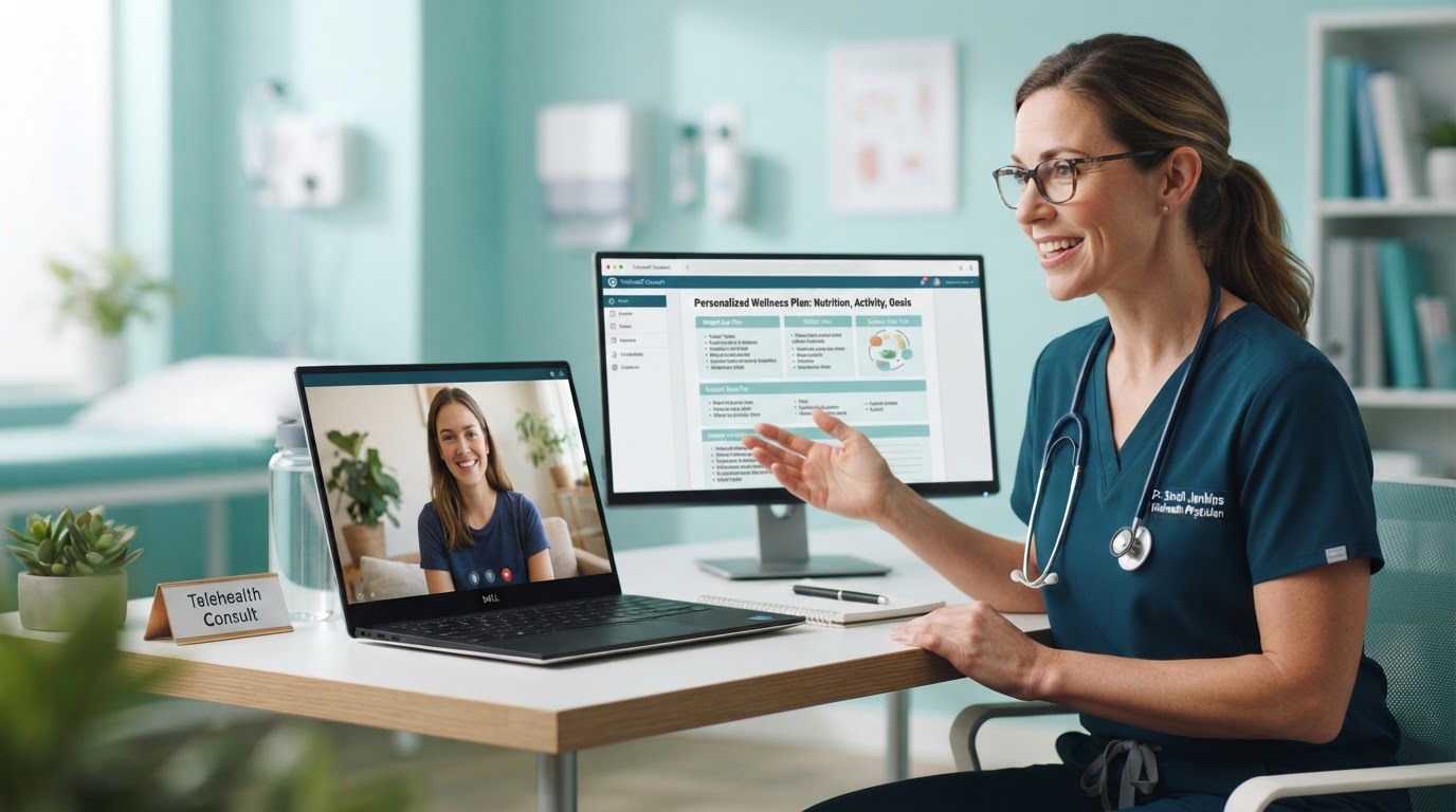 Friendly telehealth doctor on a video call explaining a medical weight loss plan to a patient