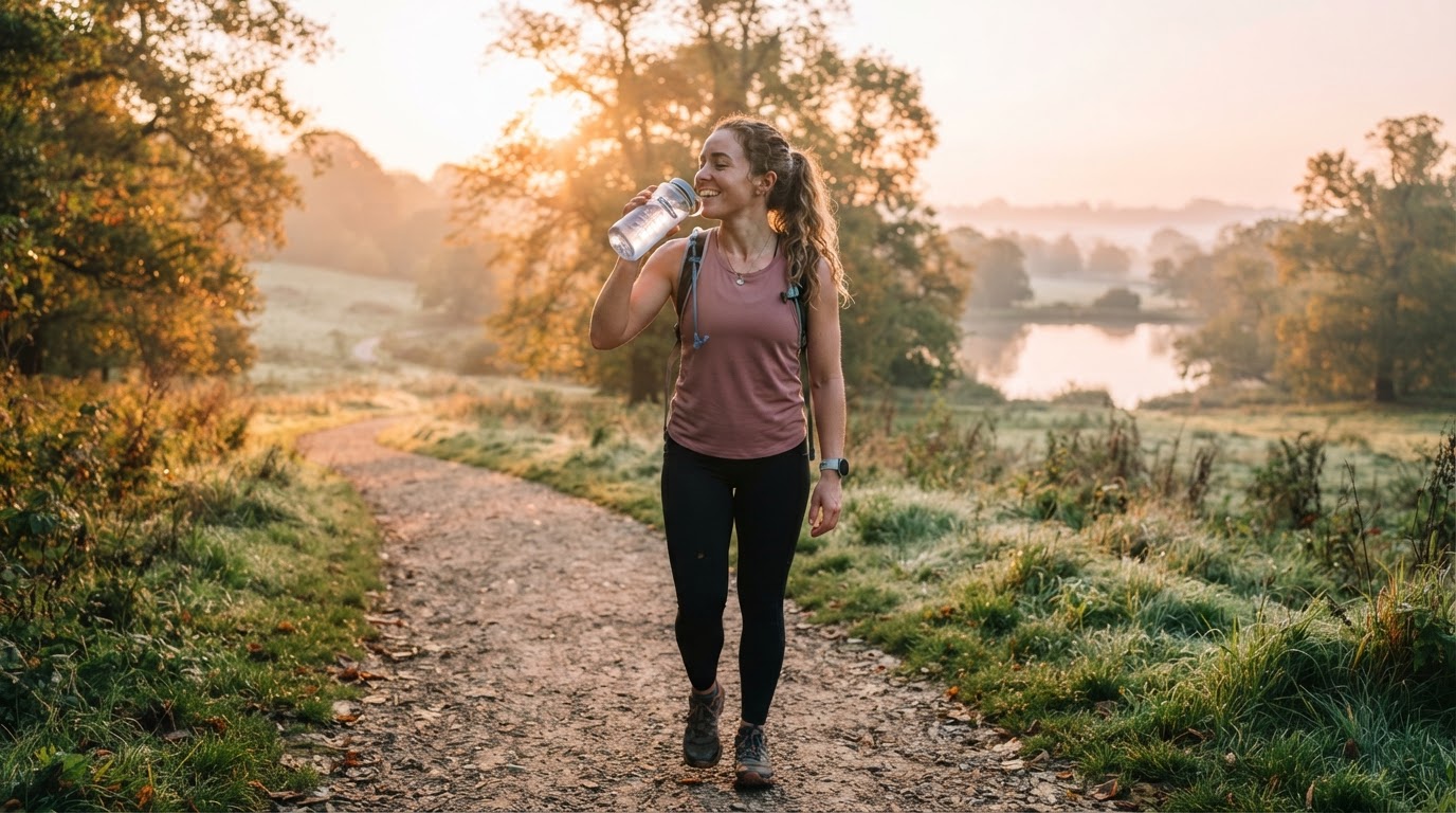 Person drinking water from a bottle after a light morning walk outdoors at sunrise
