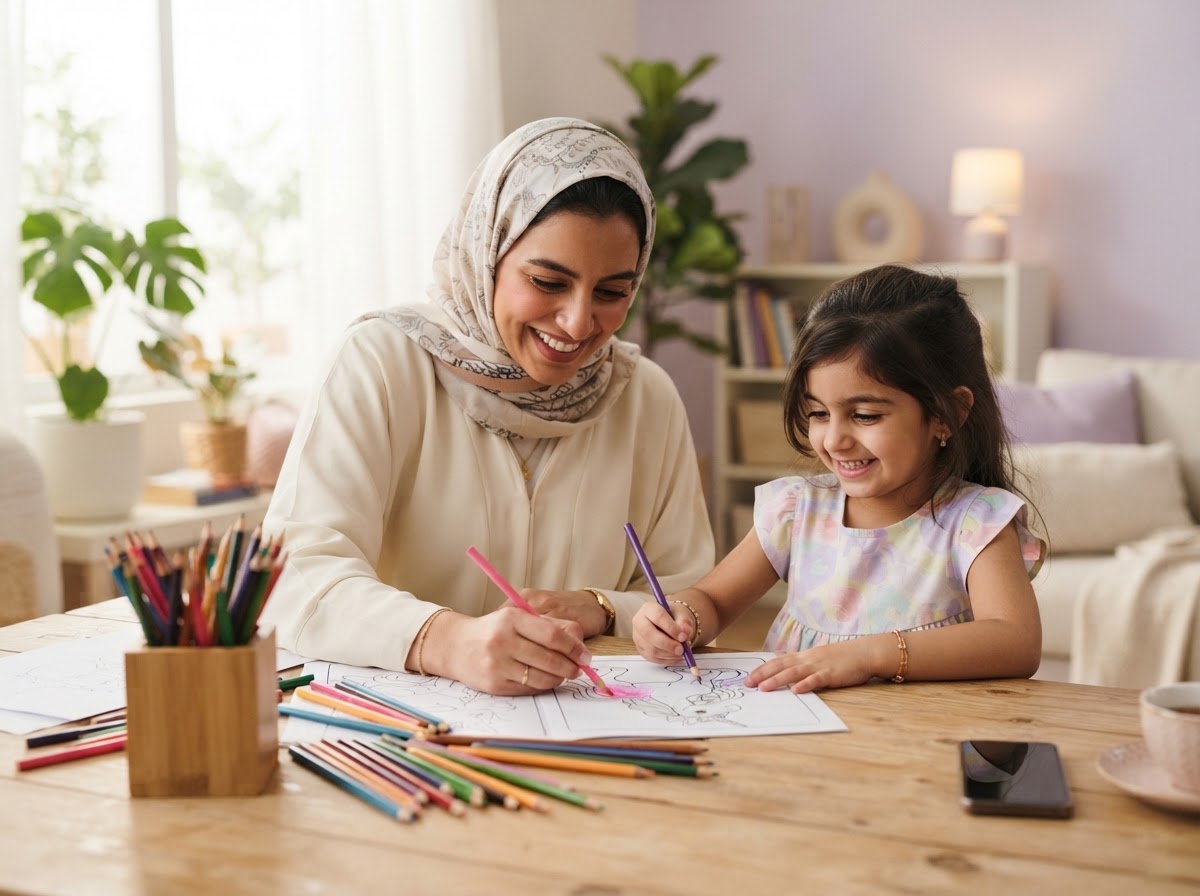 أم خليجية تتلوّن مع طفلها صفحة يونيكورن بعيدًا عن الجوال