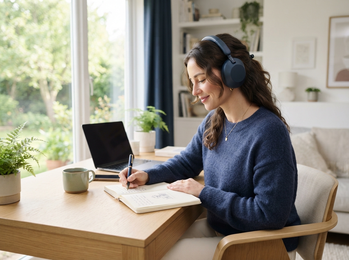 A calm person journaling while listening with headphones