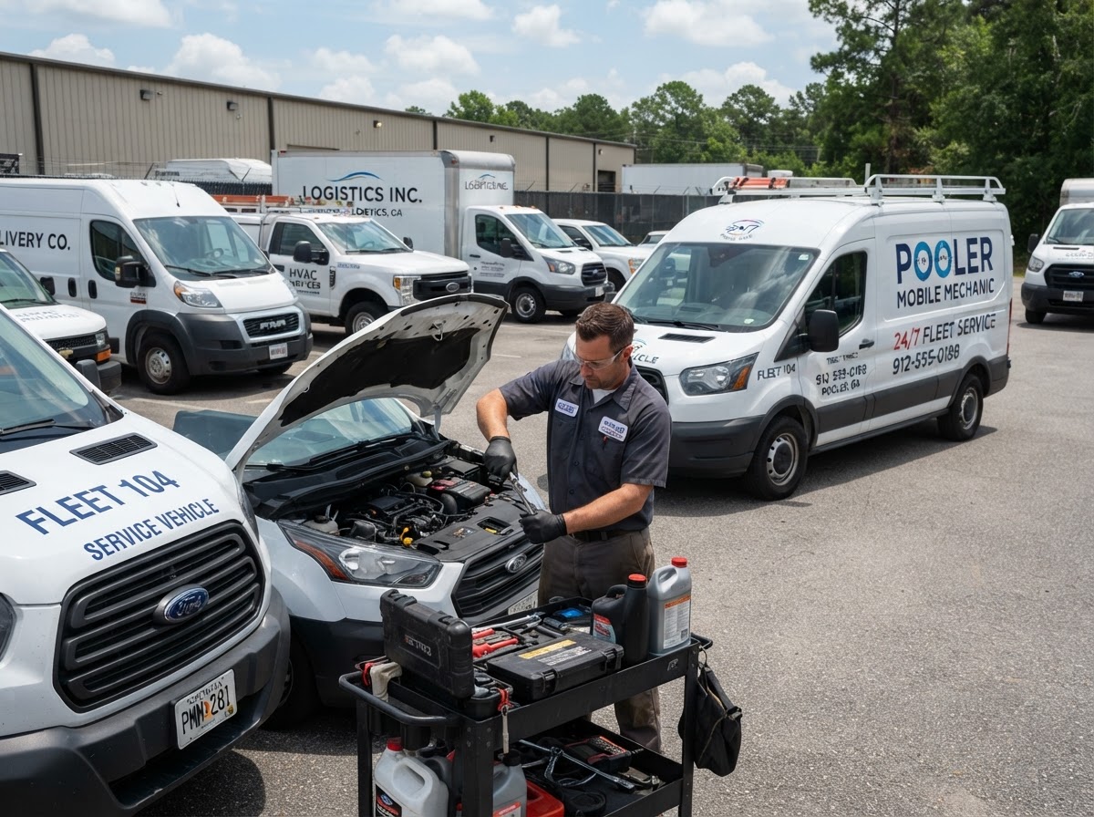 Mobile mechanic servicing commercial fleet vehicles outdoors in a Pooler Georgia fleet lot