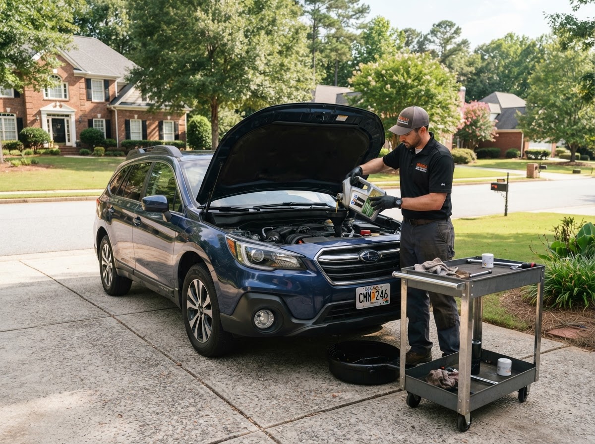 Mobile mechanic performing an oil change outdoors in a Pooler Georgia driveway