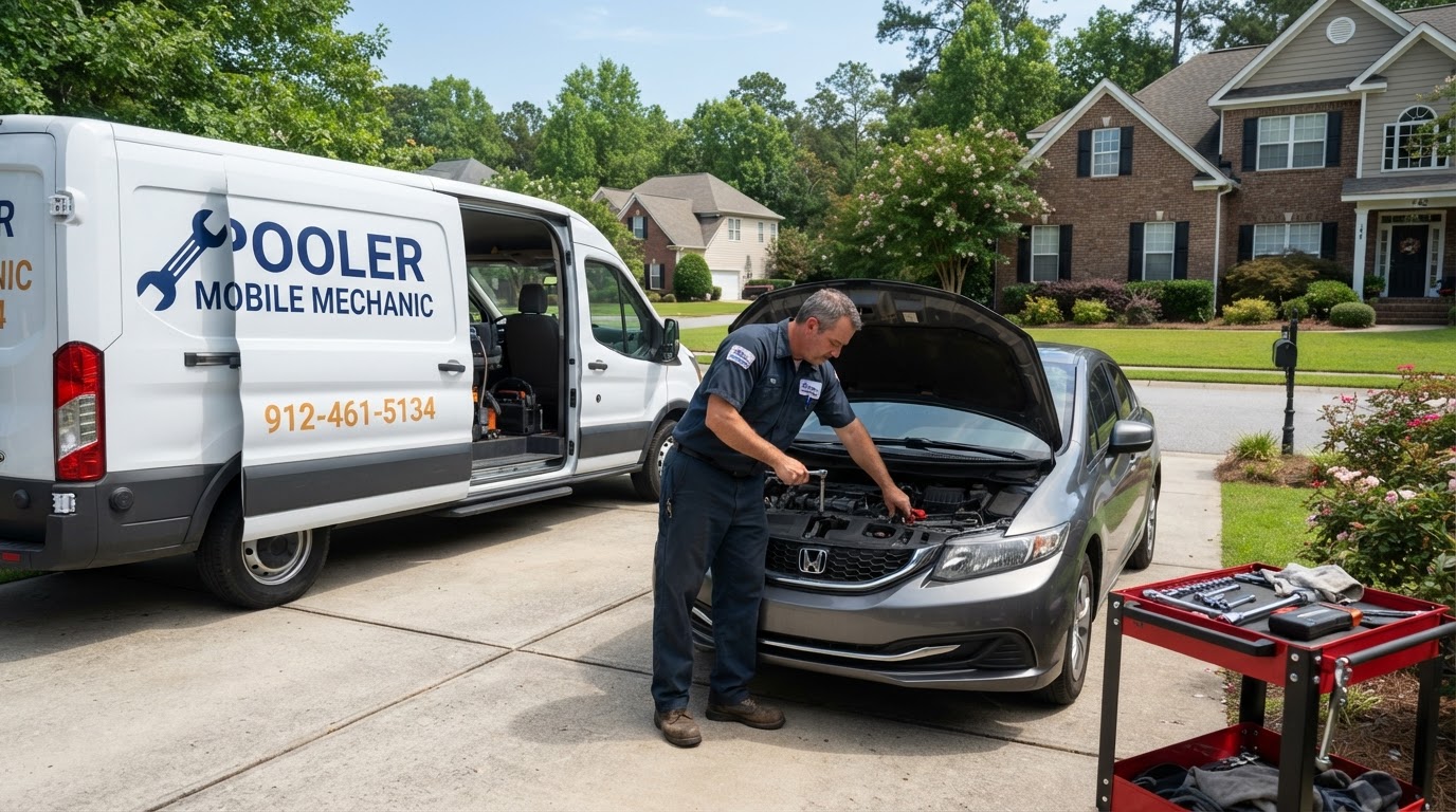 Pooler Mobile Mechanic service van and mechanic performing auto repair at a home driveway in Pooler, GA